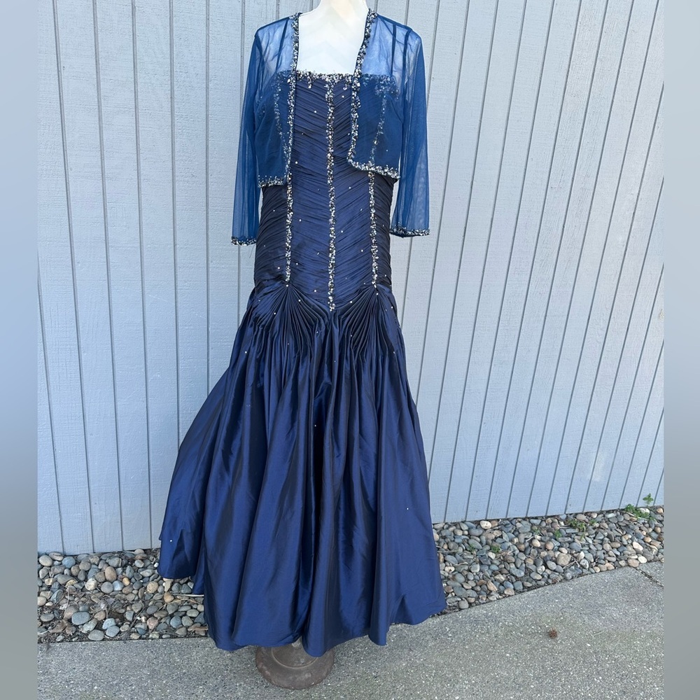 Rina di Montella Stunning Navy Blue Taffeta Ball Gown with Sheer Jacket
